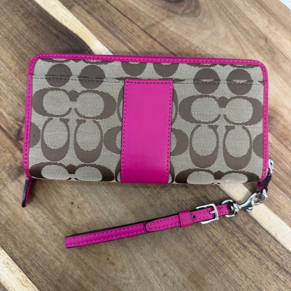 Coach Double Zip Accordion Wallet Signature Canvas Hot Pink Brown Wrist Strap - Picture 3 of 9